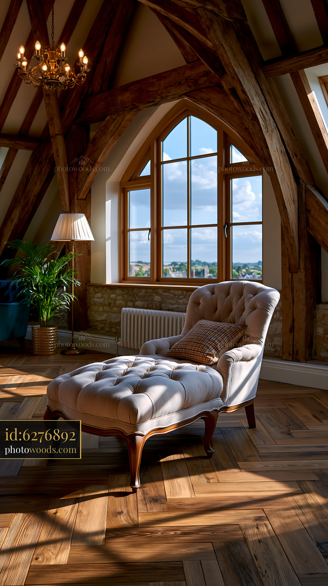 Bright Attic Master Suite With Exposed Beams and a Cozy Chair