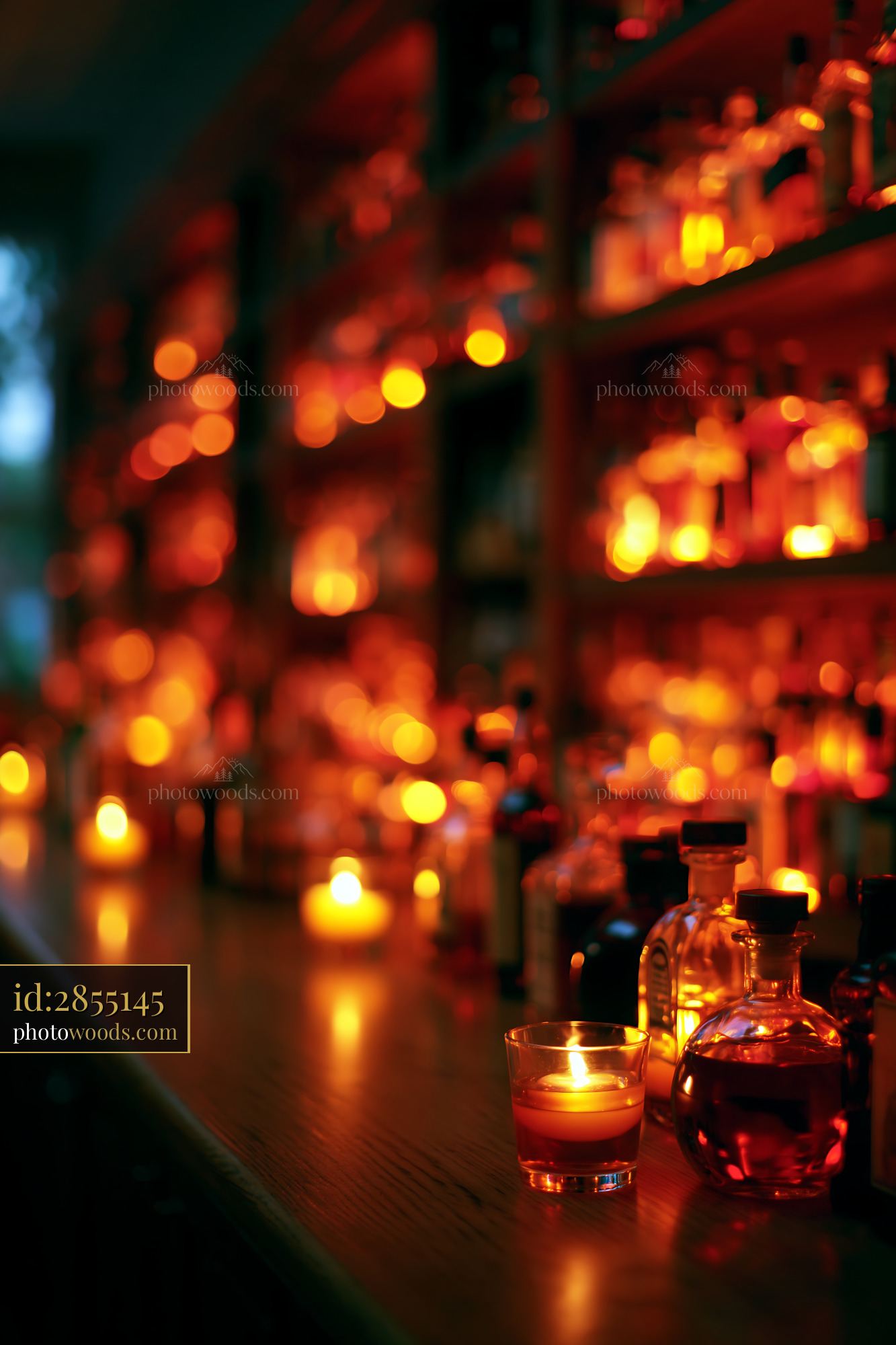Bar Shelf With Bottles Glowing in Warm Candlelight
