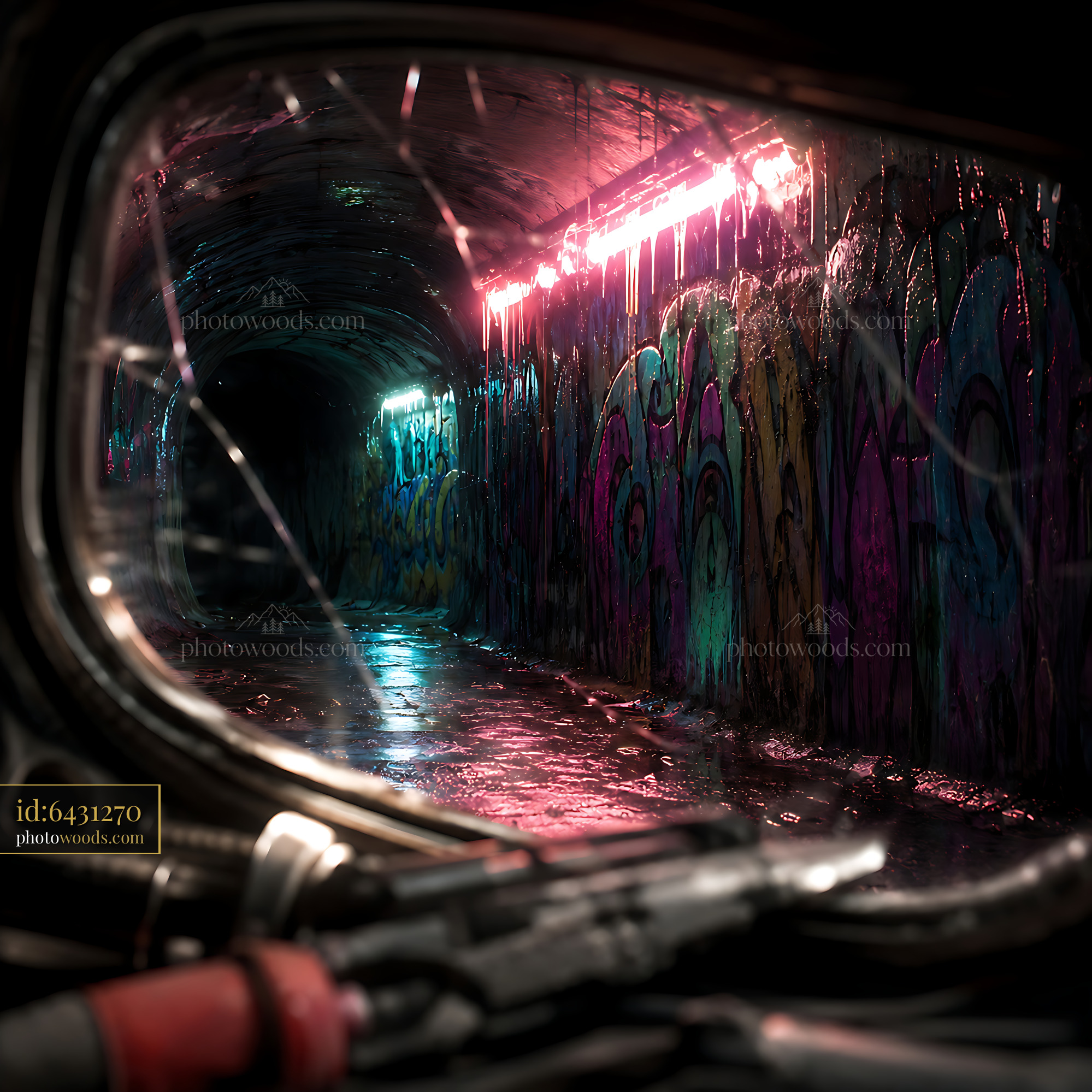 Tunnel View Showing Graffiti and Water Reflections in the Dark