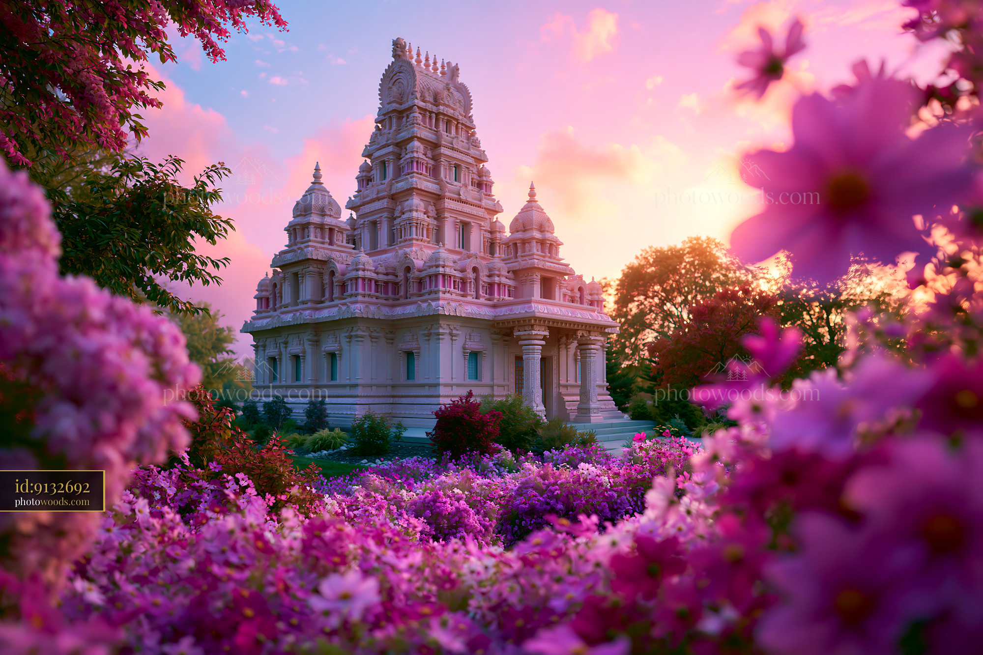 Shree Temple Surrounded by Flowers at Sunset