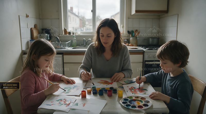 Mother and children painting together at a kitchen table