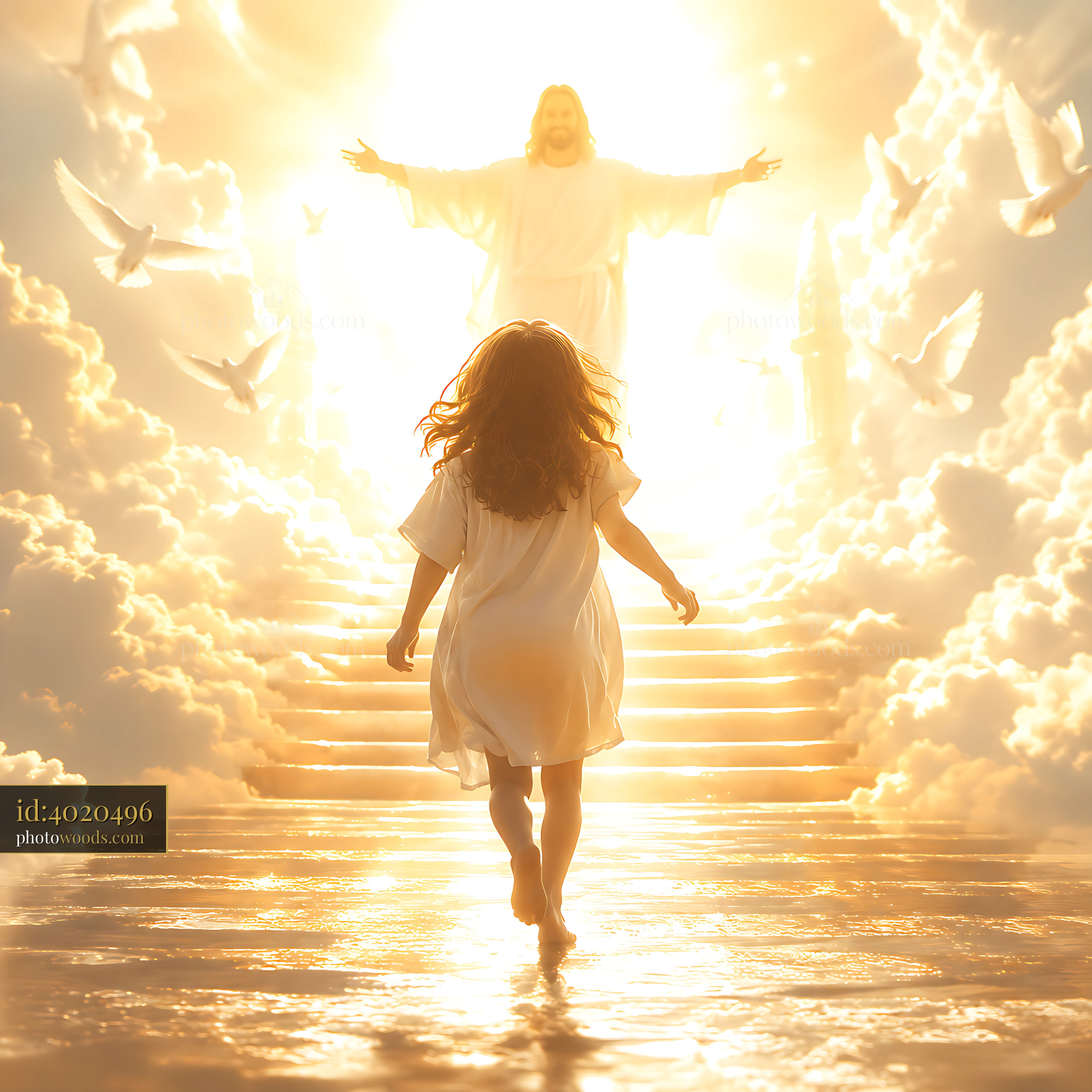 Child Walks Towards Light With Figure in Clouds