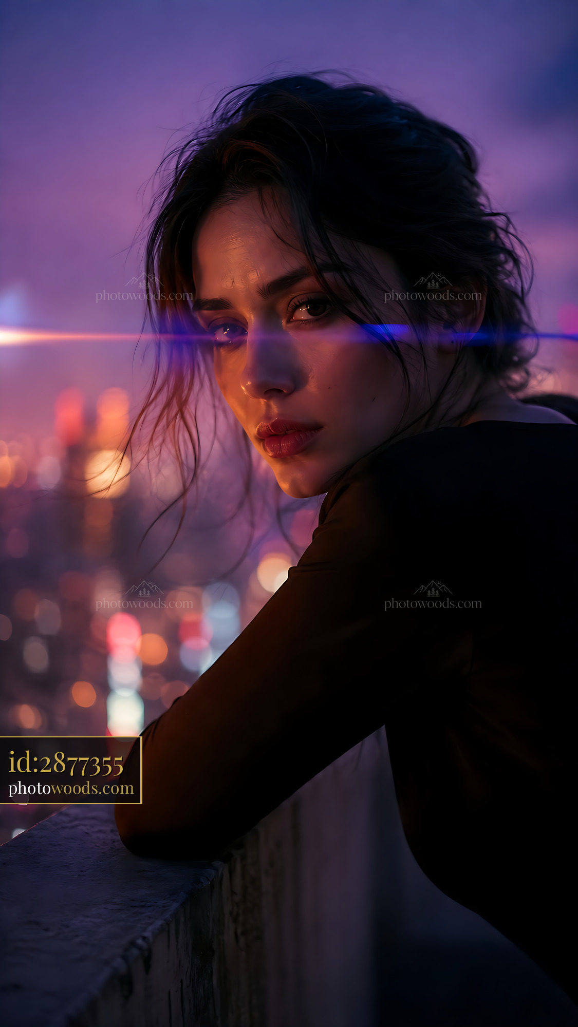 Woman Gazes at City Skyline During Sunset With Colorful Lights