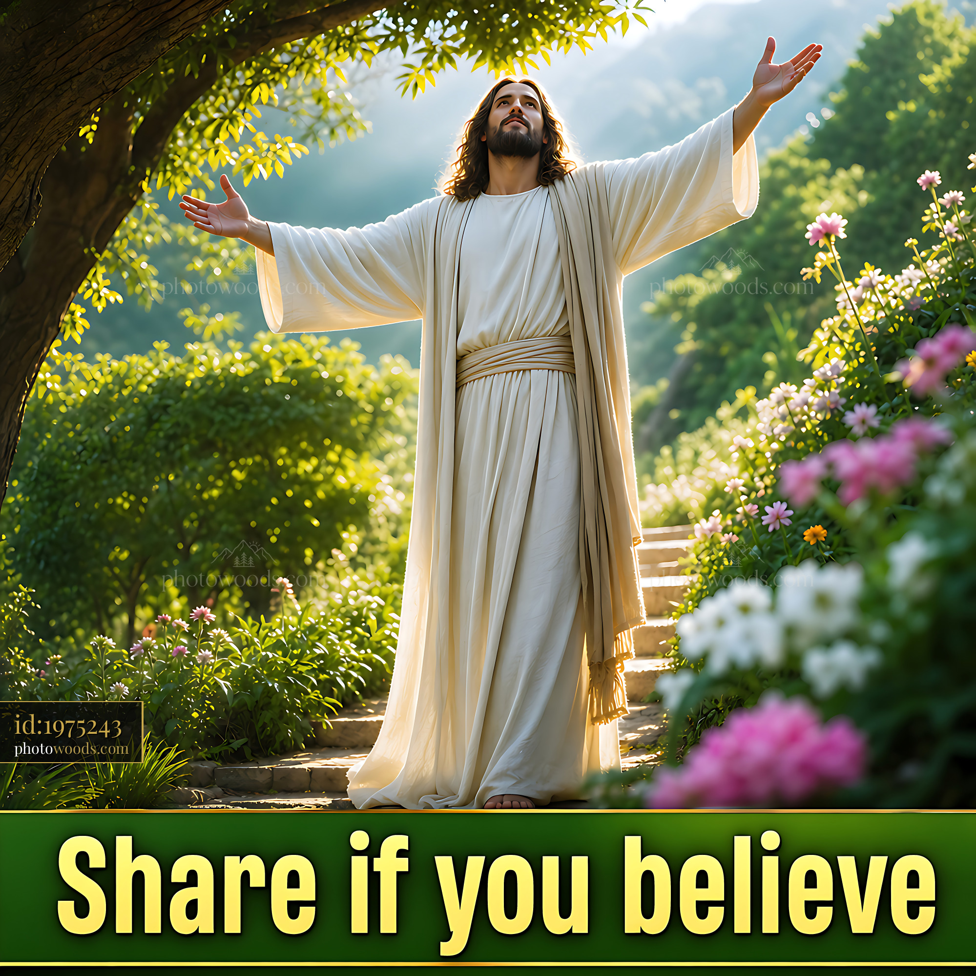 Jesus Standing With Arms Raised Surrounded by Flowers and Trees