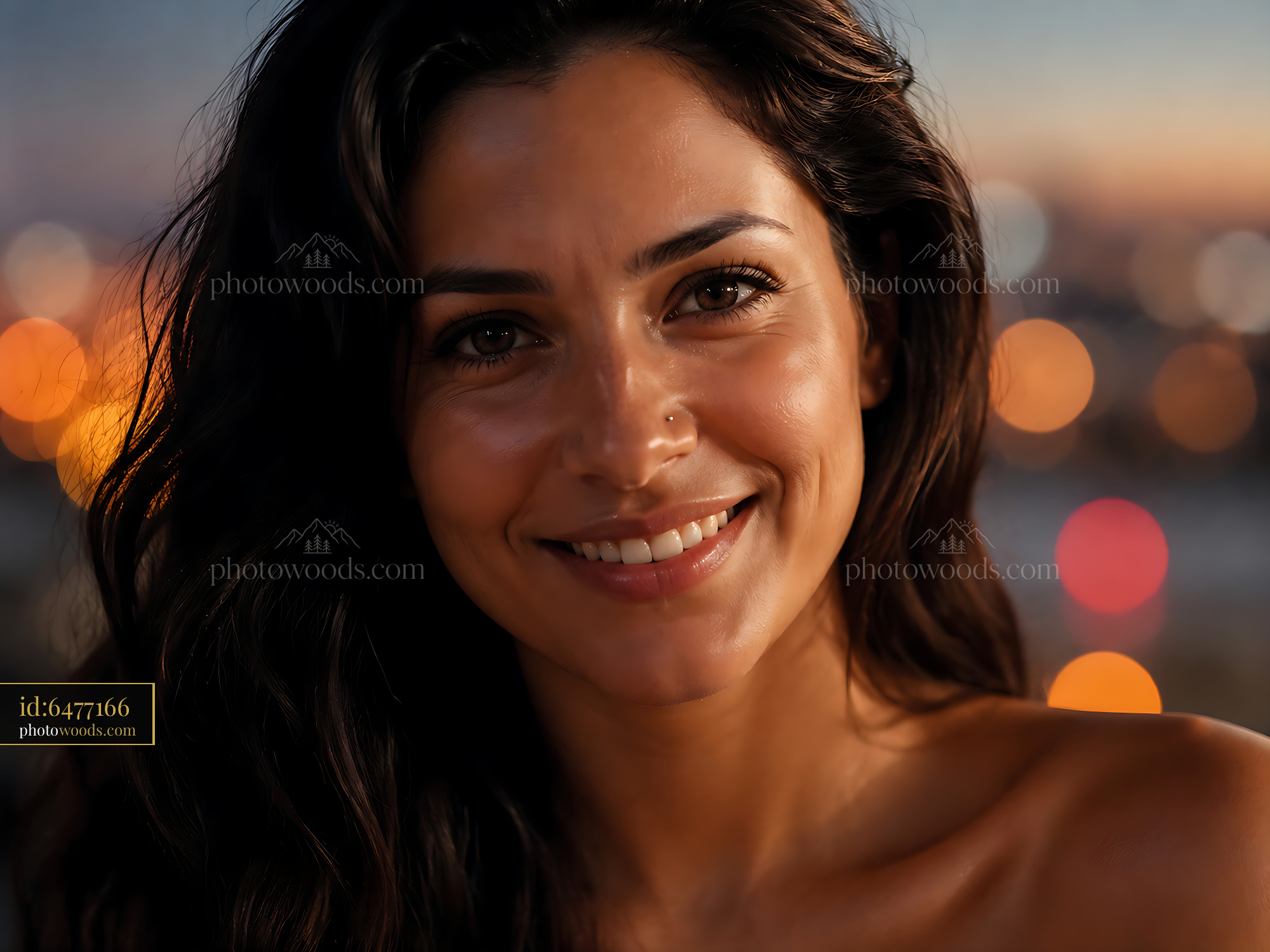 Woman Smiles at Sunset With City Lights in Background