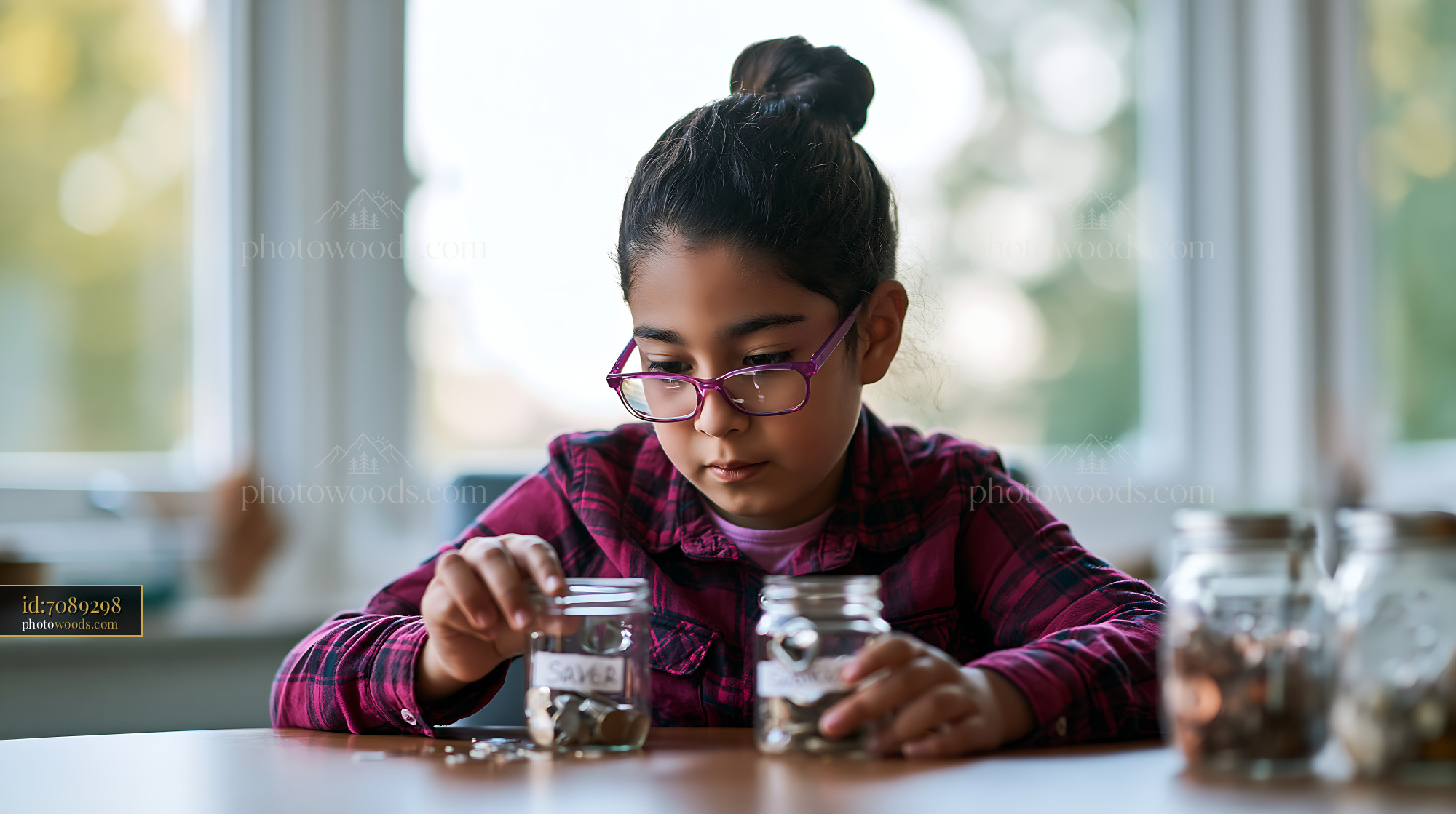 Girl Counting Coins Into Labeled Jars at Home
