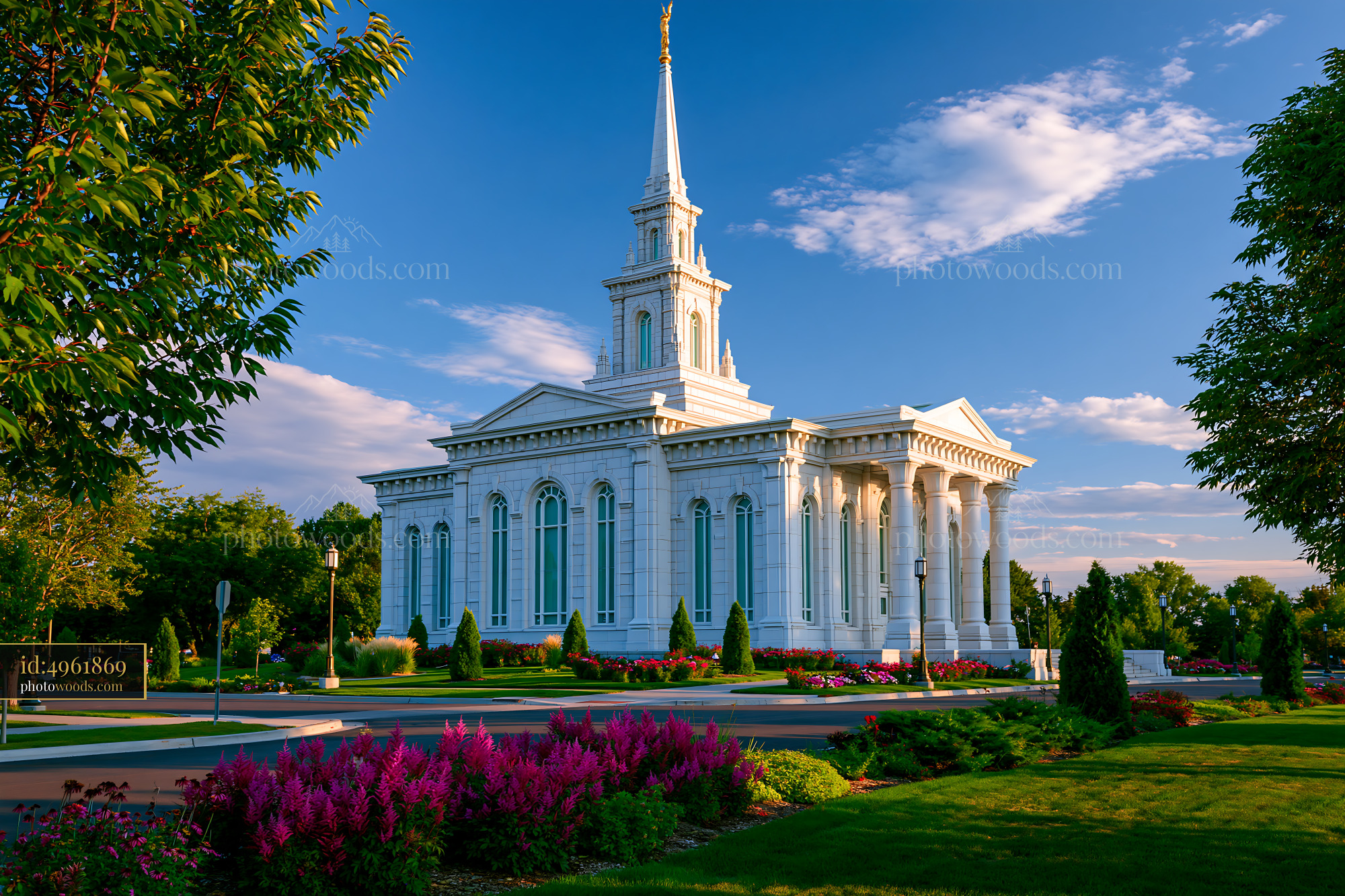 Caldwell Idaho Temple With Flowering Landscape and Blue Sky