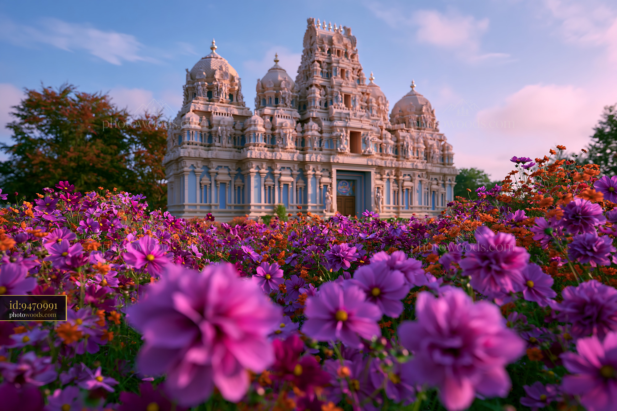 Hindu Temple With Colorful Flowers in a Garden Setting
