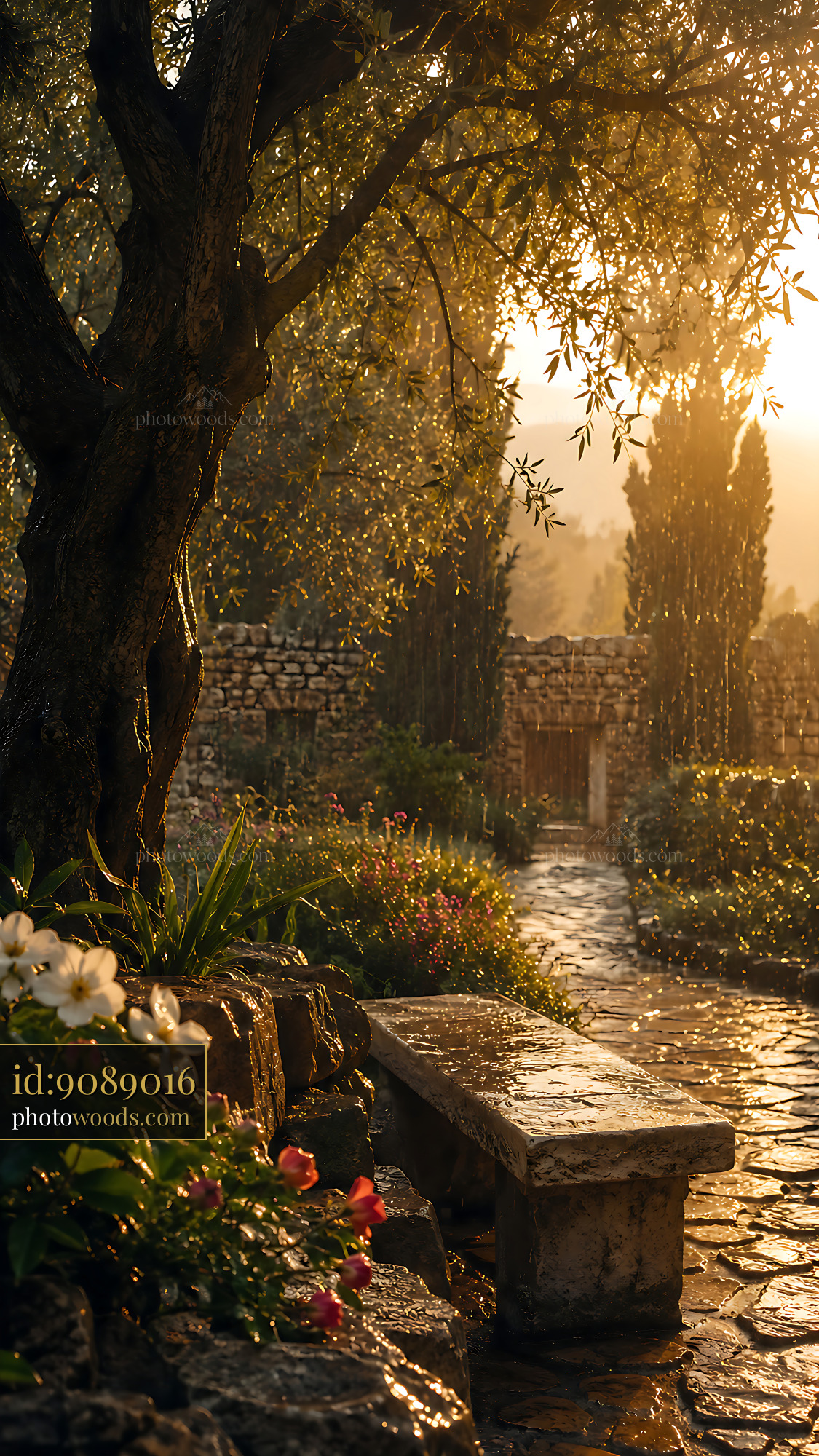 Garden Path Leads to a Wooden Gate at Sunset With Flowers and Rain