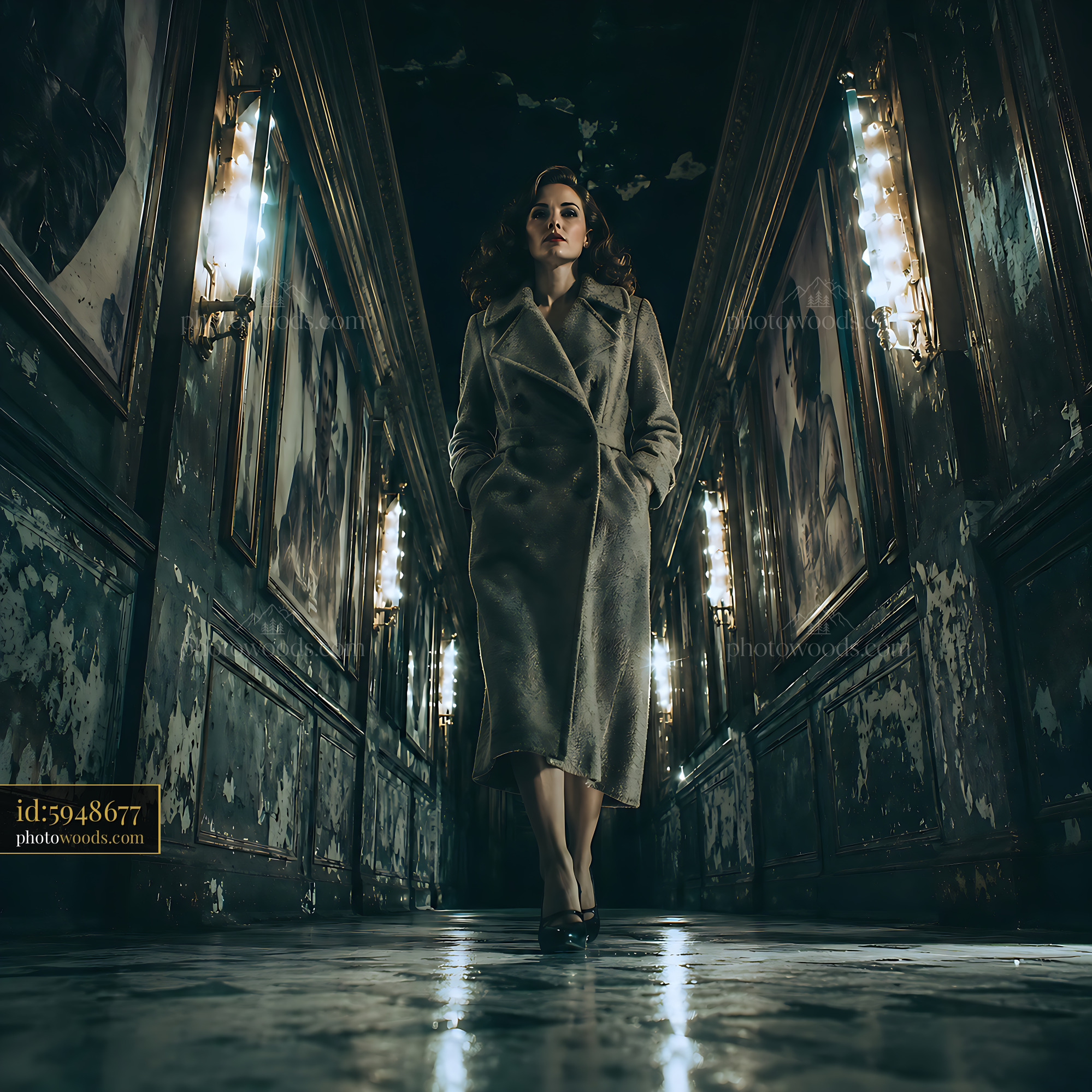 Woman Walking in a Dark Hallway With Vintage Photos on Walls