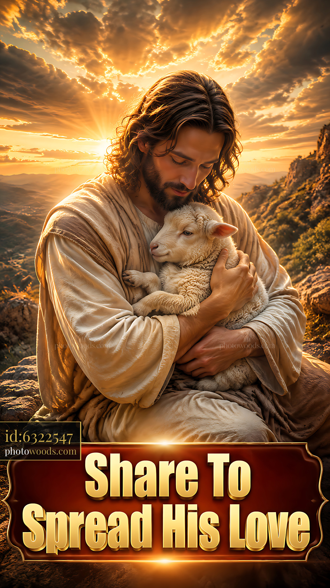 Man Holds Sheep While Embracing Nature at Sunset in the Mountains