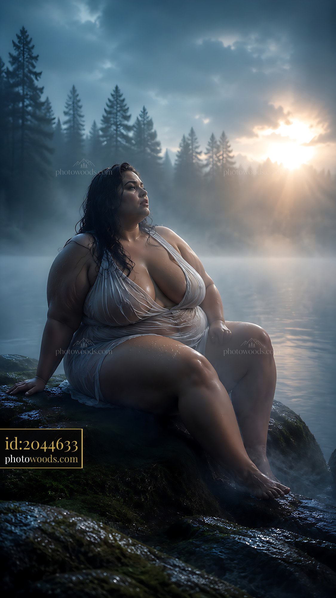 Woman Sitting on a Rock by the Water at Sunrise Mist