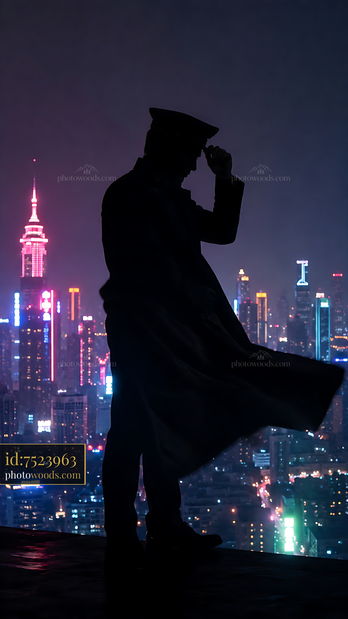 Police Officer Stands on Rooftop Overlooking City Lights at Night