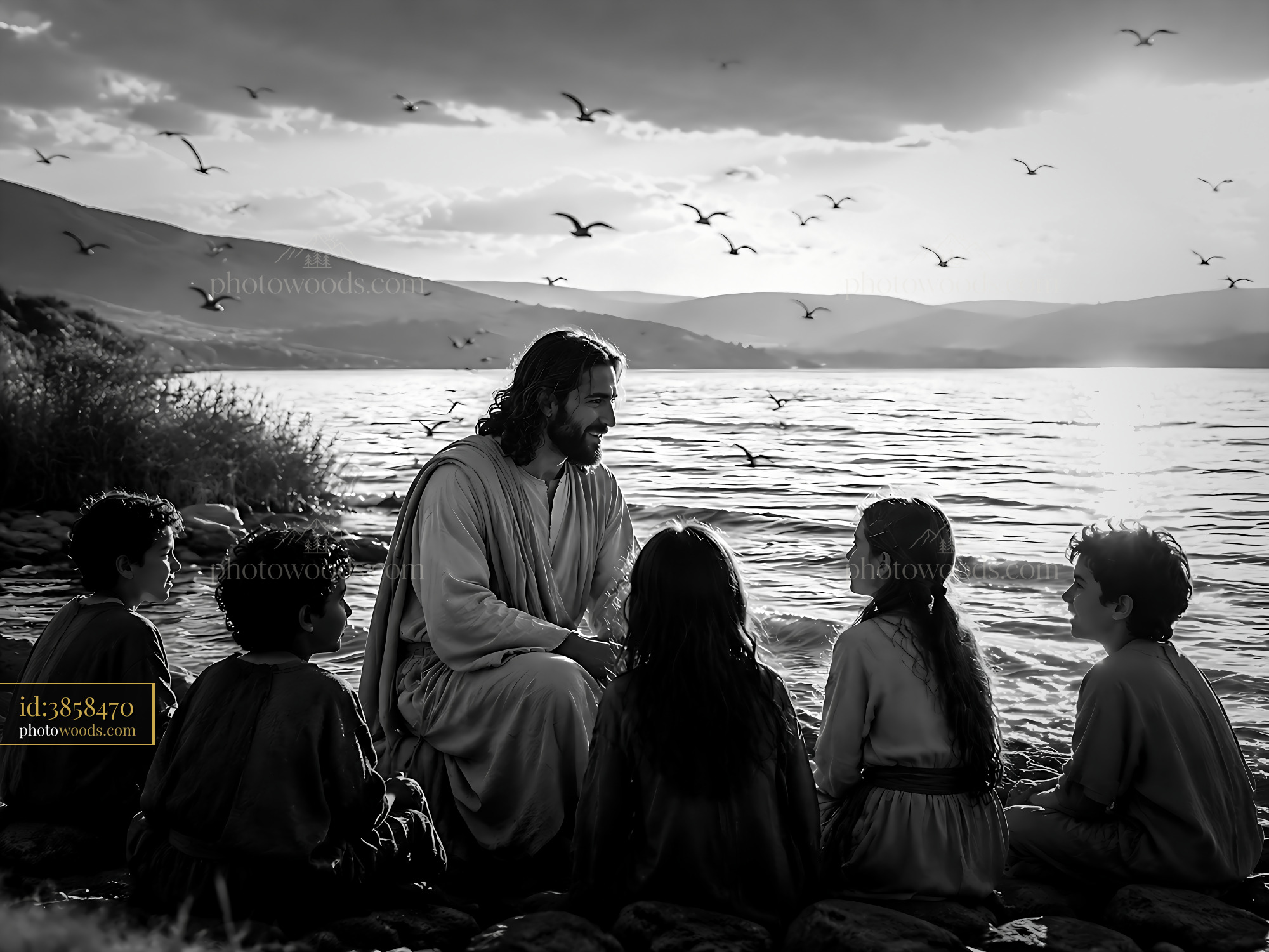 Jesus Teaching Children by the Water With Birds Flying Overhead