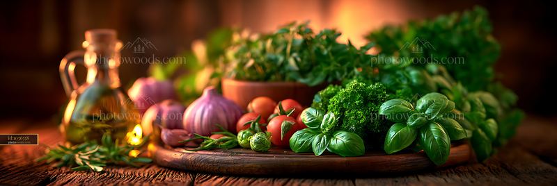 Fresh vegetables and herbs arranged on a wooden table