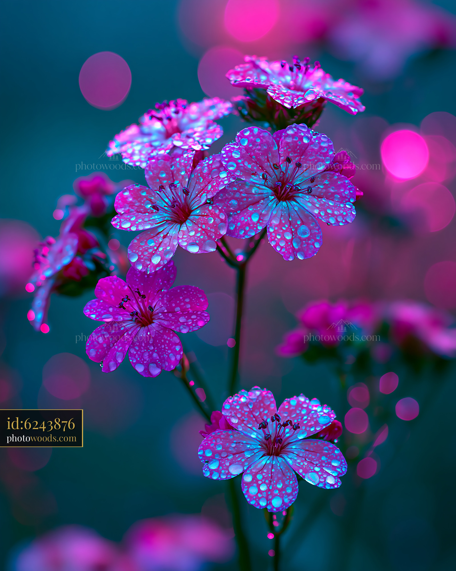 Flowers With Water Droplets Shine in Vibrant Colors at Dusk