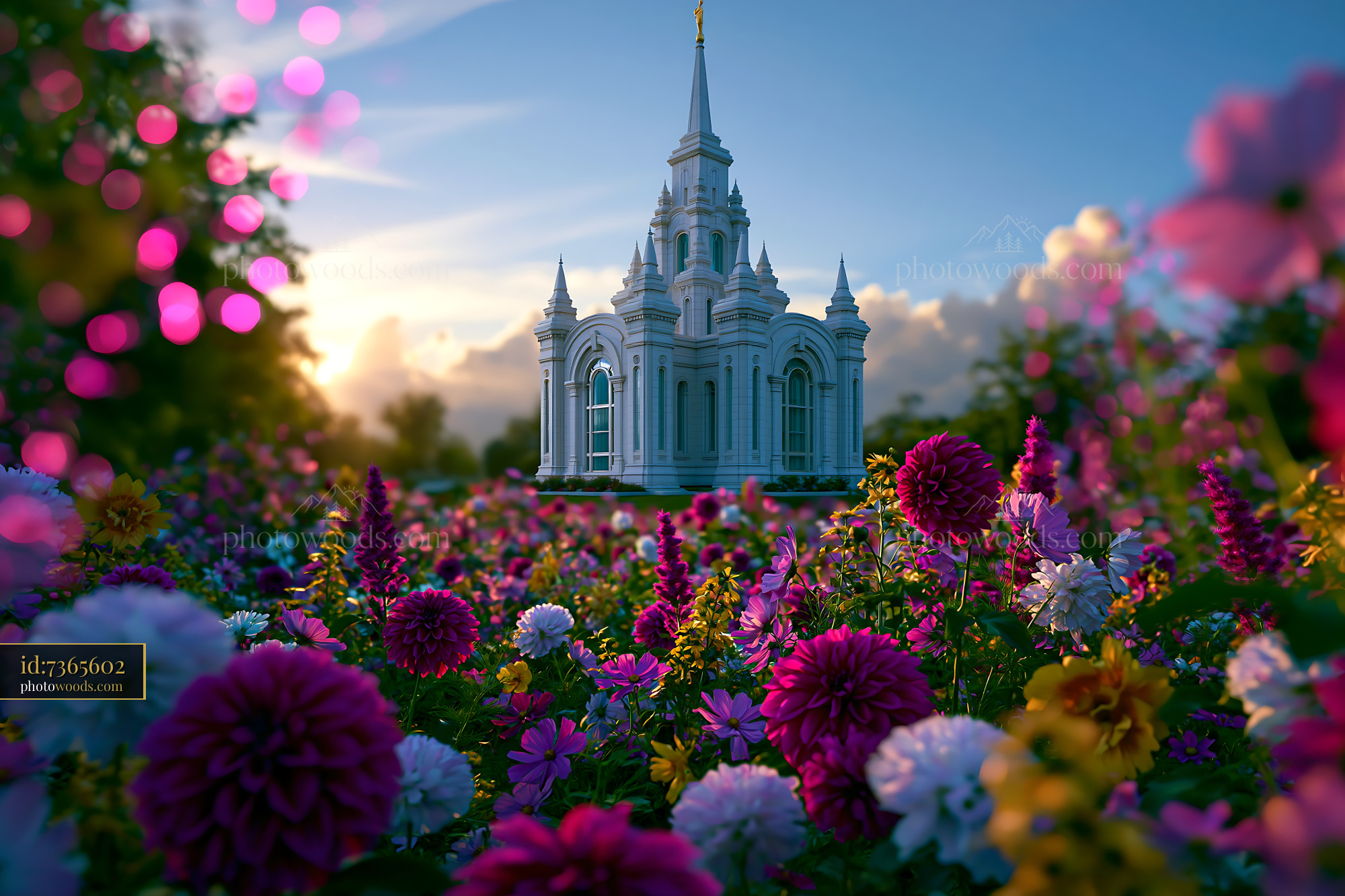 Architectural Photography of a Church Surrounded by Flowers at Sunset