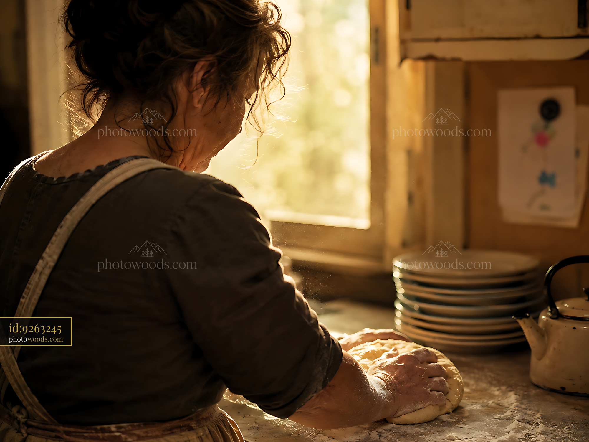 Woman Kneads Dough by the Window in a Rustic Kitchen