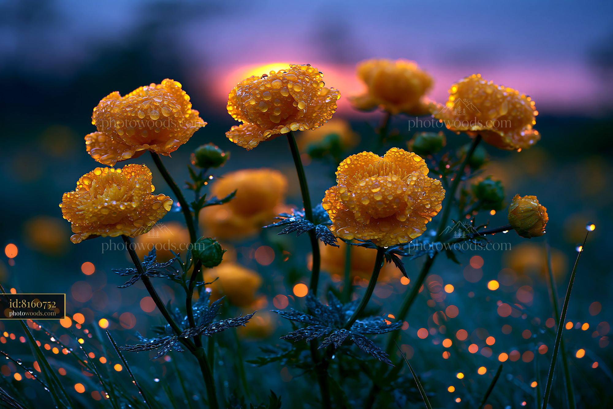 Globeflowers in Bloom With Droplets Under Evening Light