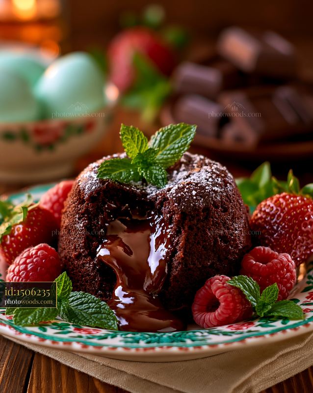 Chocolate lava cake served with fresh berries and mint