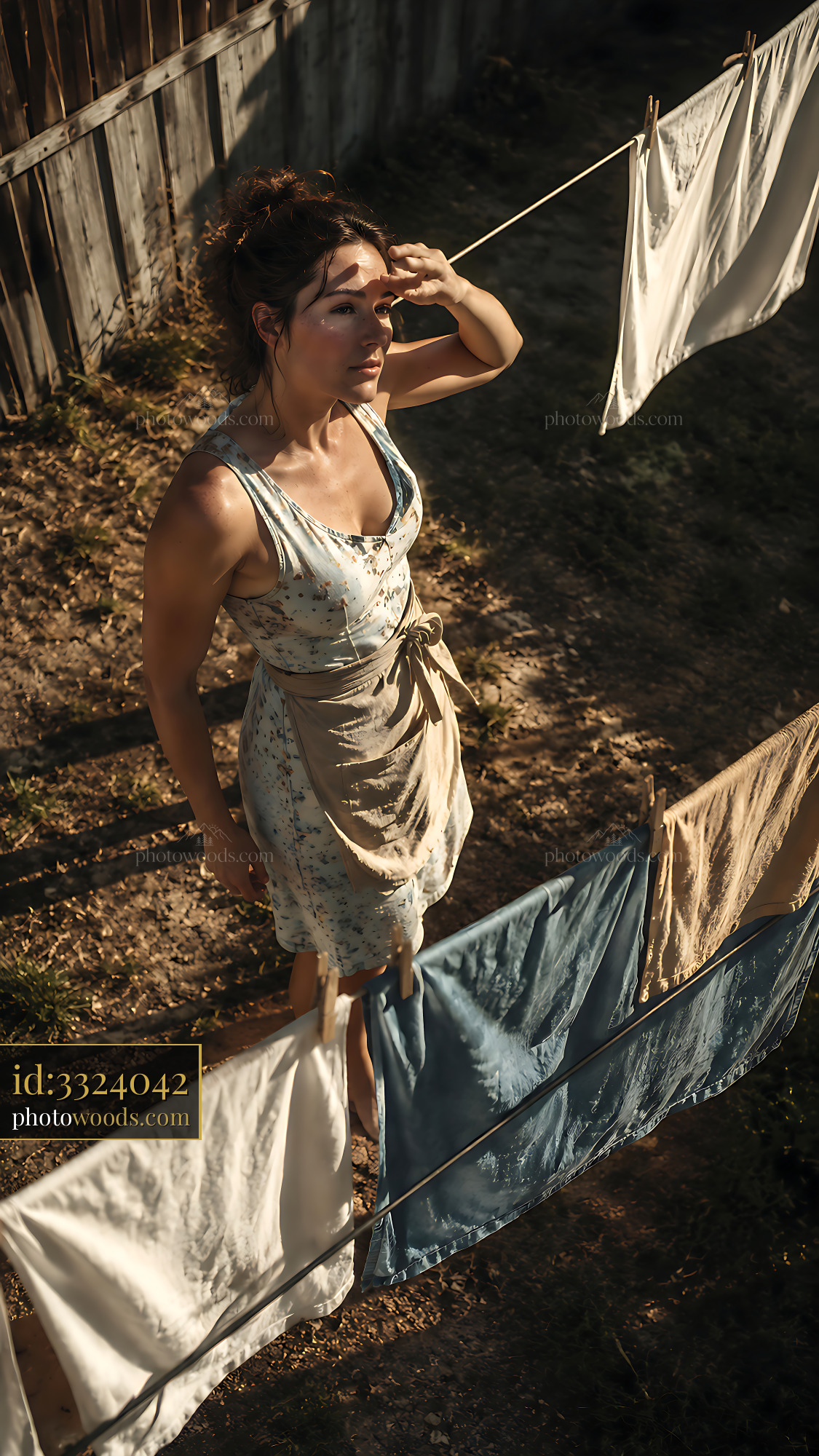 Woman in Dress Checks Sunlight While Hanging Laundry Outside