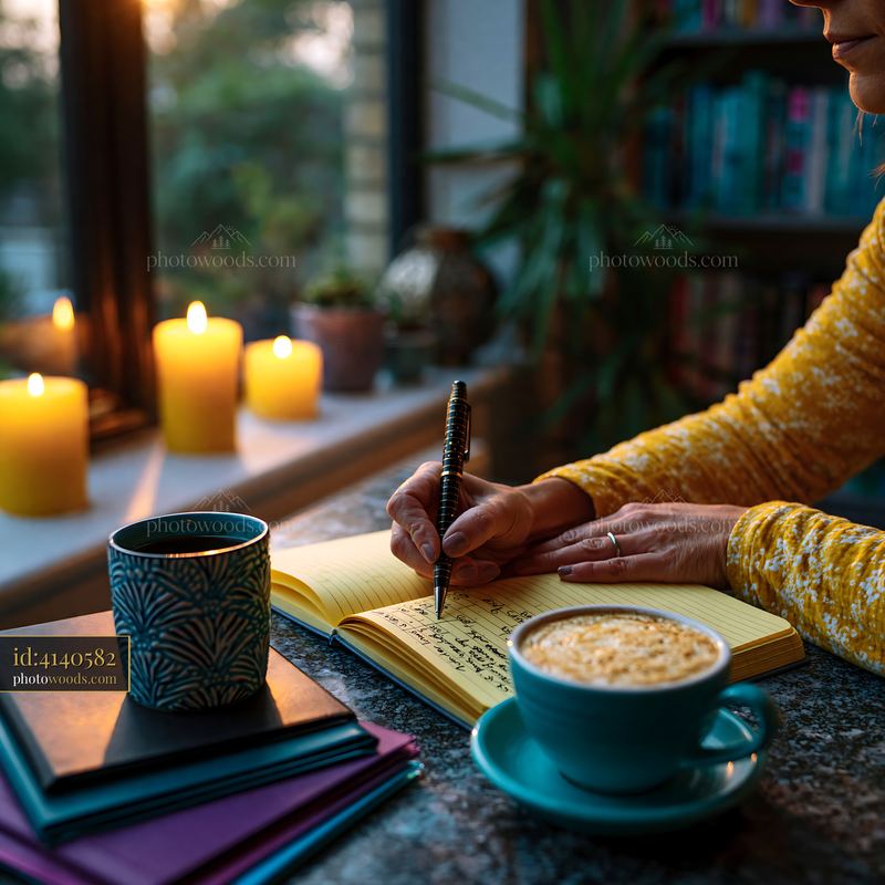 Student Tracking Expenses in a Notebook With Coffee and Candles