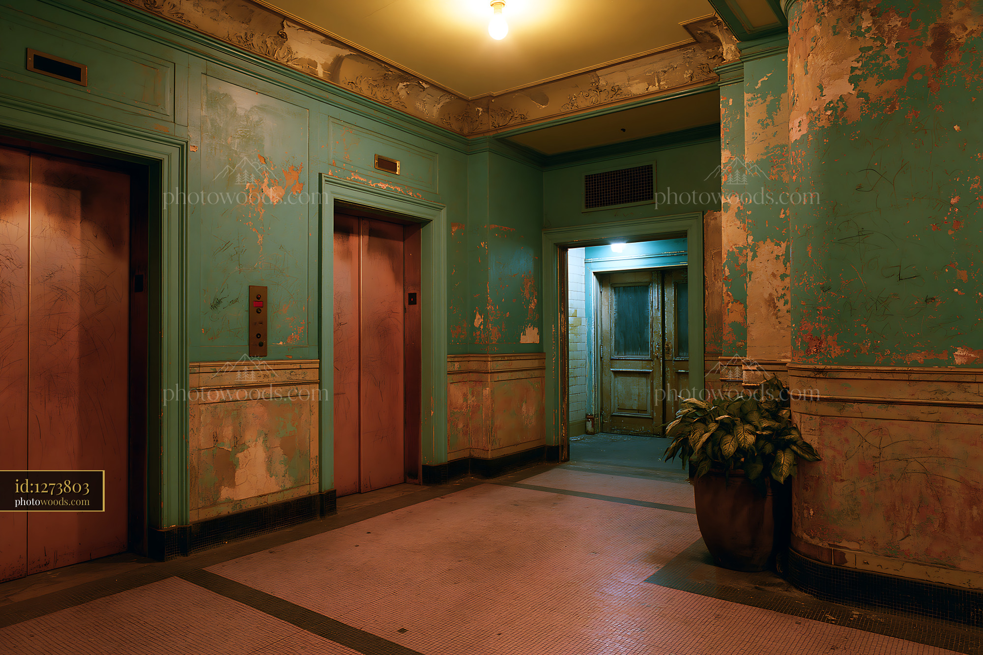 Shabby Elevator Lobby With Peeling Paint and Dim Lighting