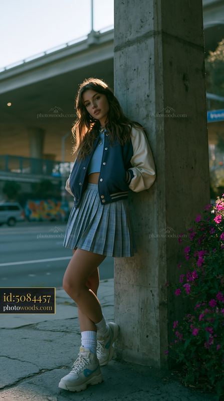 Young Woman in Varsity Jacket and Pleated Skirt Near Street Flowers