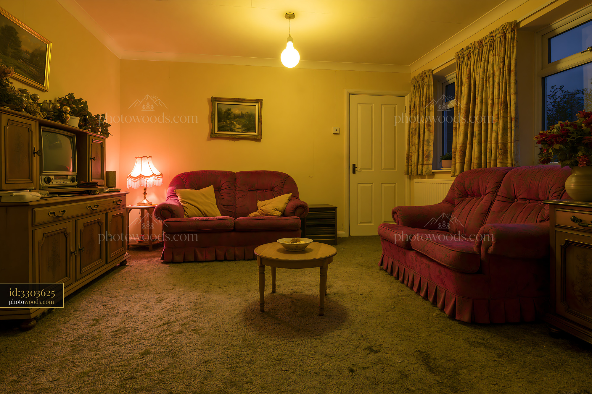 Cozy Living Room With Pink Sofas and Warm Lighting