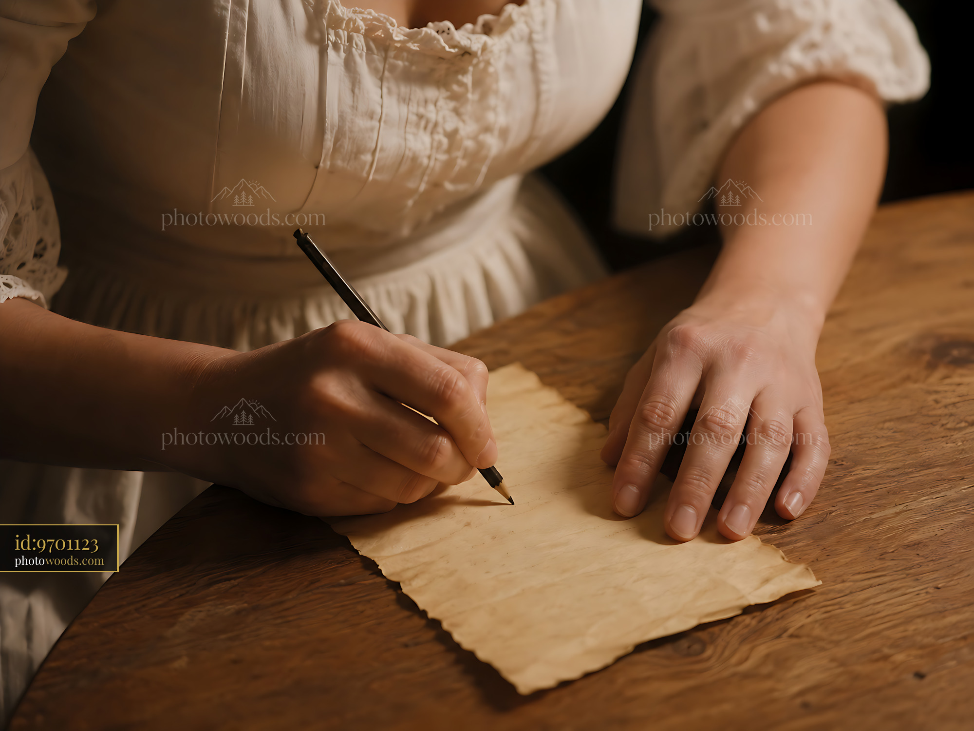 Woman Writing on Old Paper at a Wooden Table in Warm Light