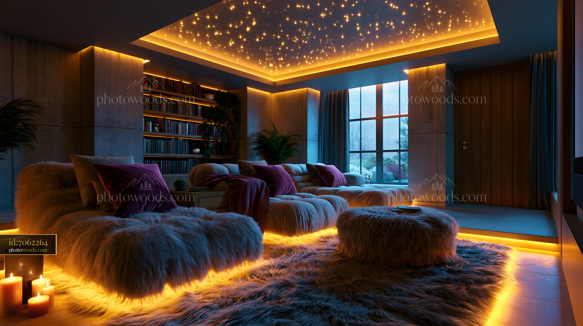 Minimalist Concrete Basement Cinema With Cozy Lighting and Decor