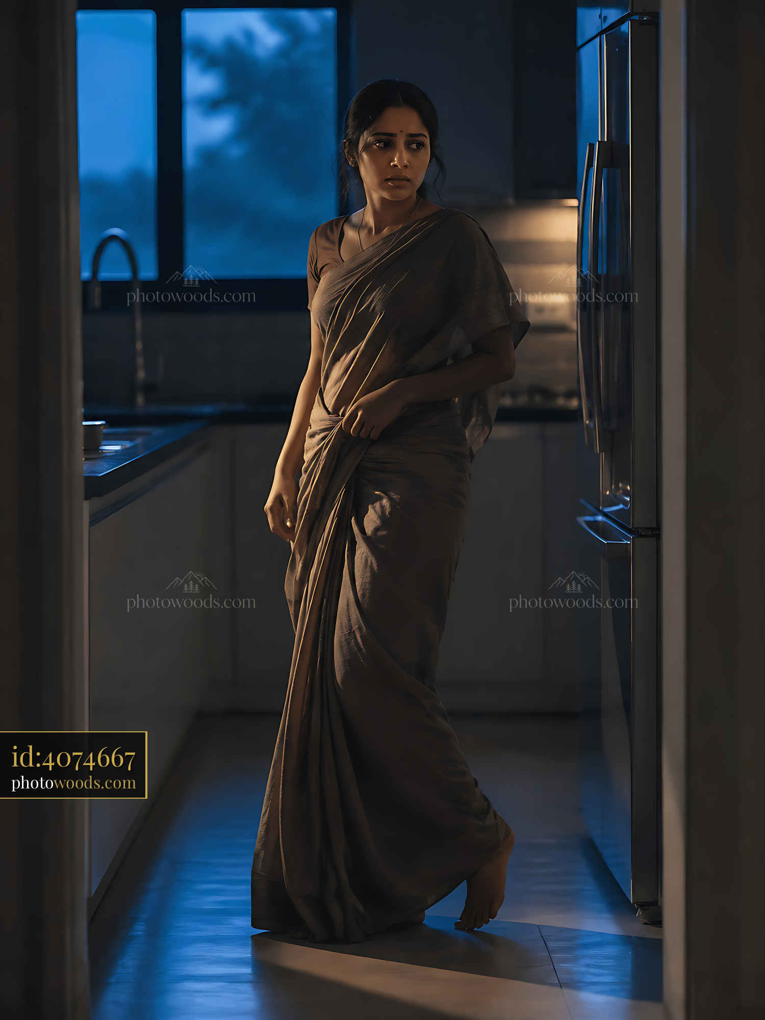 Woman in a Sari Standing in a Kitchen During Evening Light