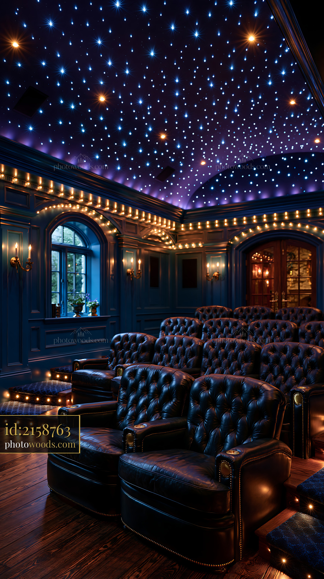 Private Movie Theater With Tiered Seats and Starry Ceiling