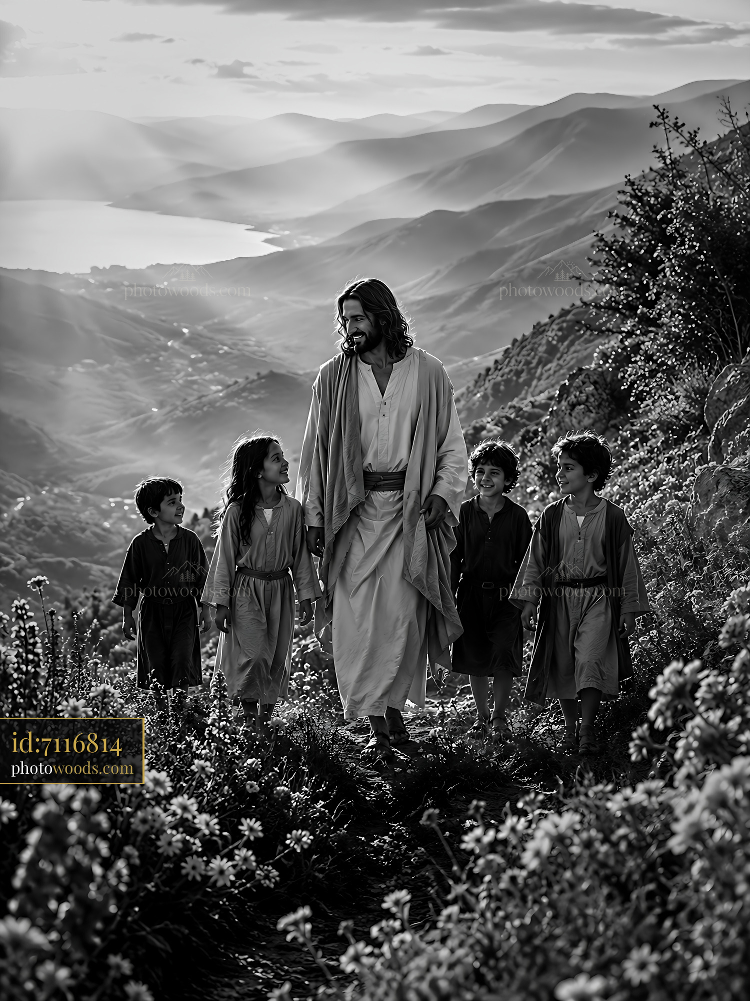 Jesus Walking With Children in a Mountain Landscape Near a Lake