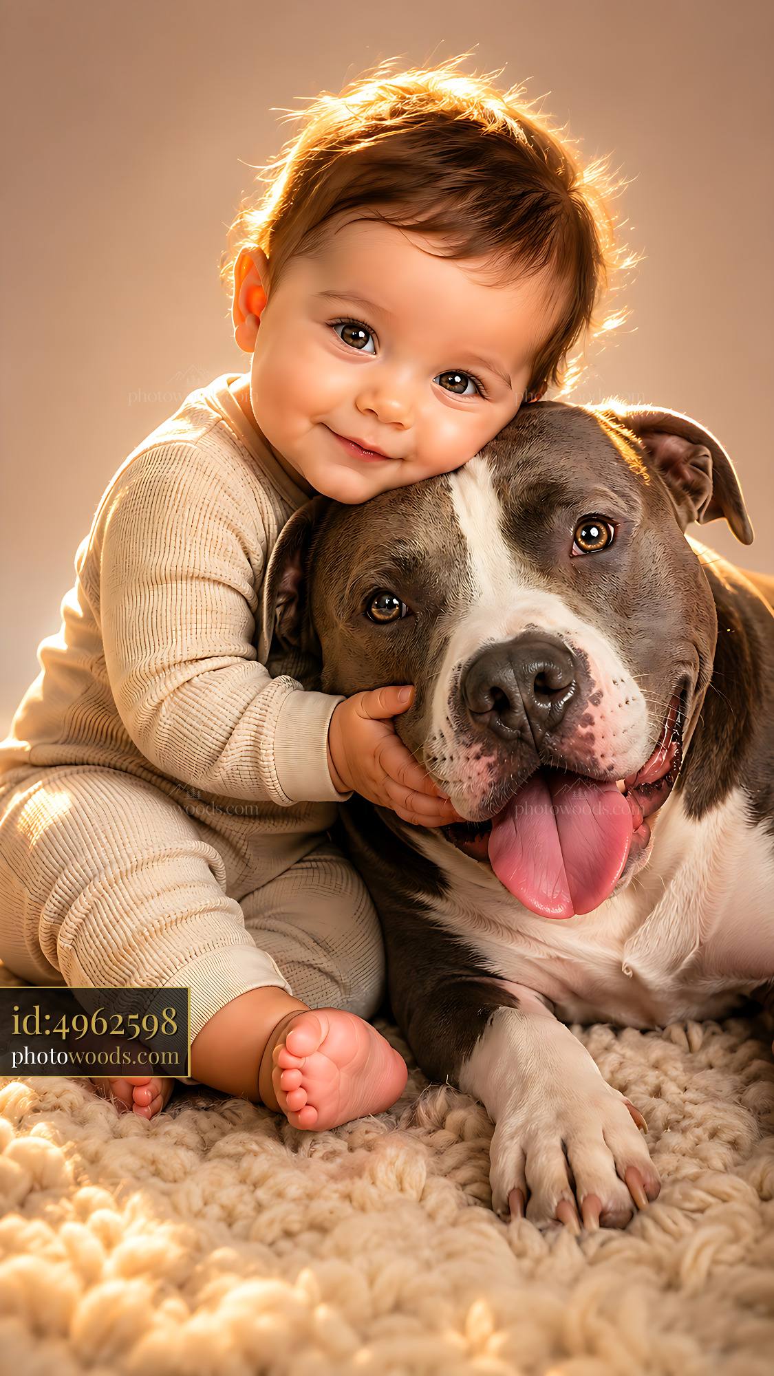 Baby Hugs Dog While Smiling on Soft Rug Indoors