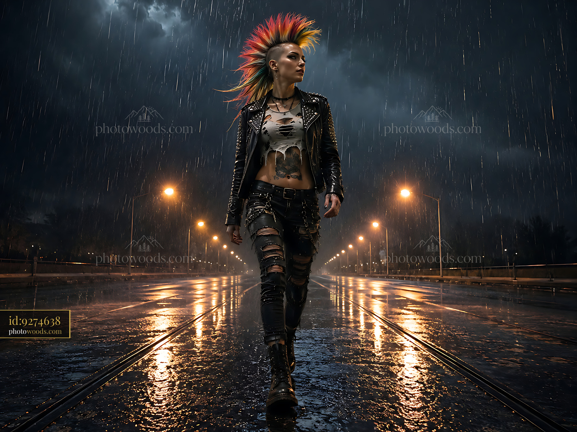 Woman With Mohawk Walks on Wet Street in Rain at Night