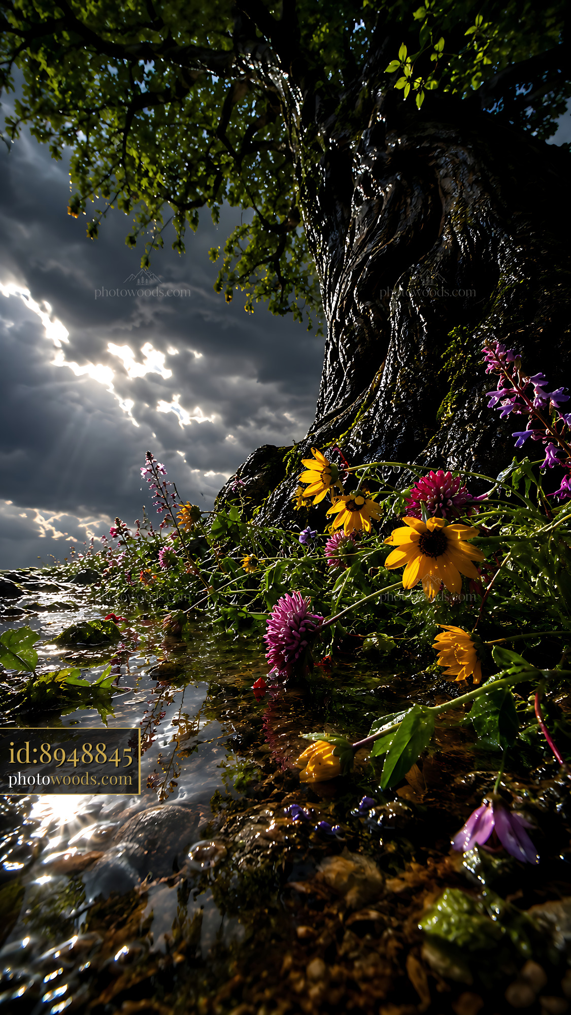 Flowers Grow Near a Tree Trunk by the Water Under Dark Clouds