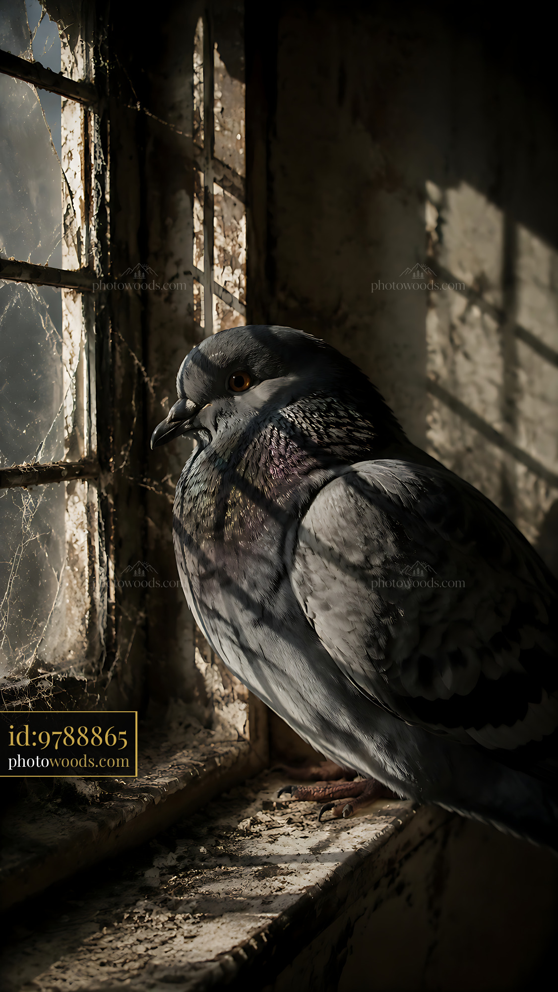 Pigeon Resting by a Window With Shadows on Its Feathers