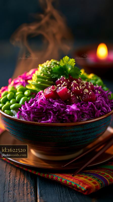 Colorful Poke Bowl With Tuna Avocado and Edamame With Steam