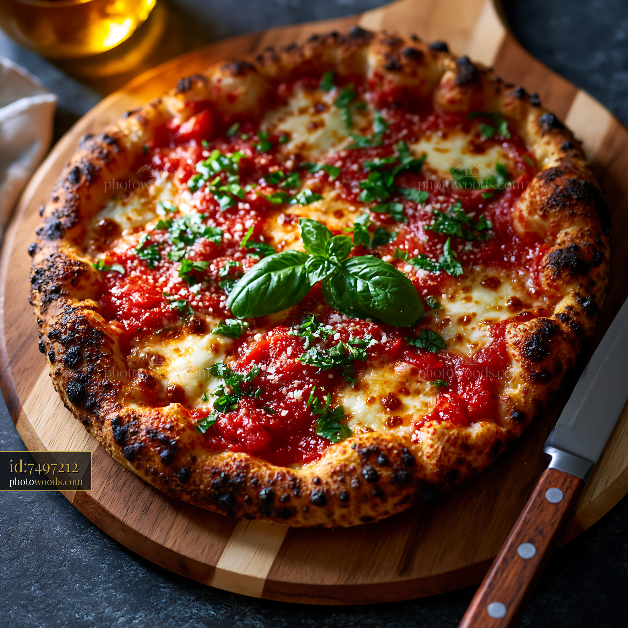 Wood Fired Margherita Pizza on Wooden Board With Fresh Basil