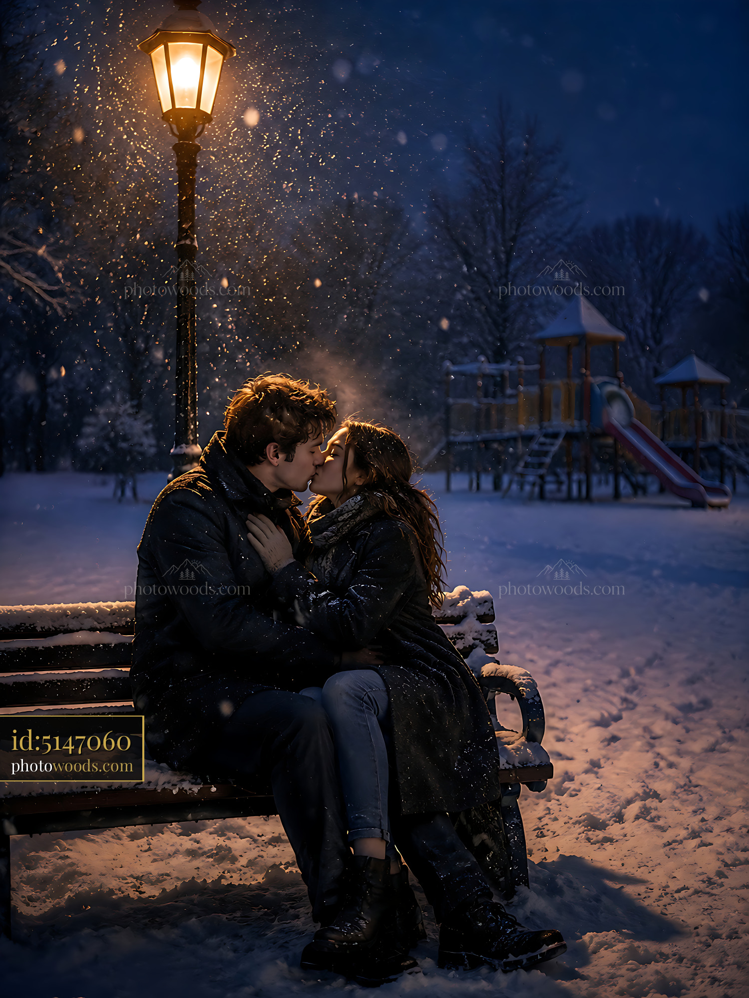Couple Shares a Kiss on a Bench in the Snow at Night