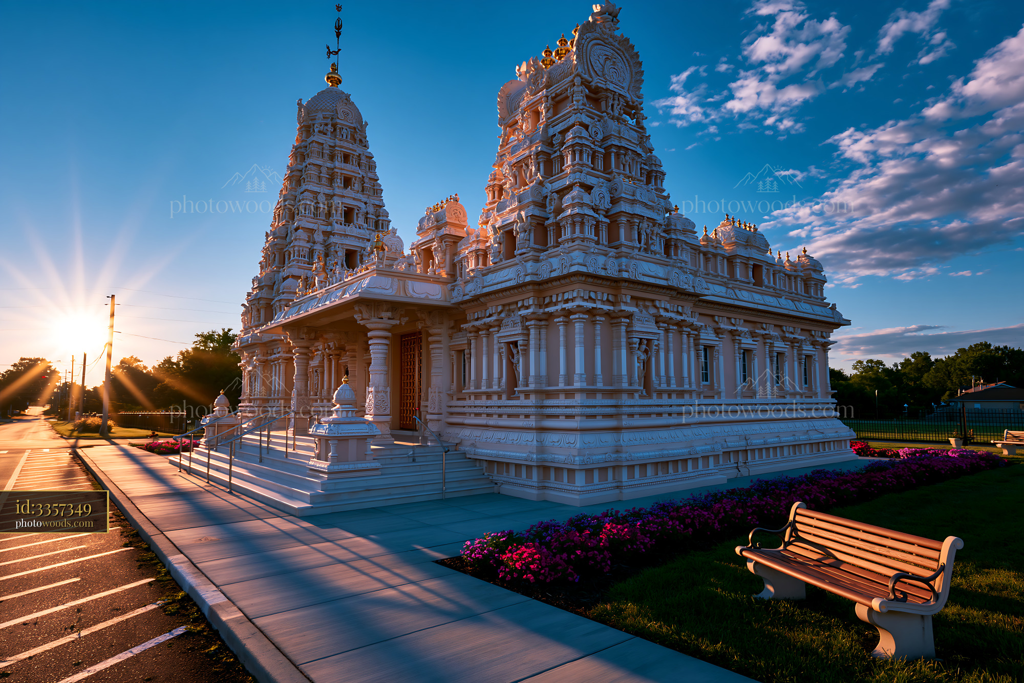 Temple at Sunset With Colorful Flowers in View