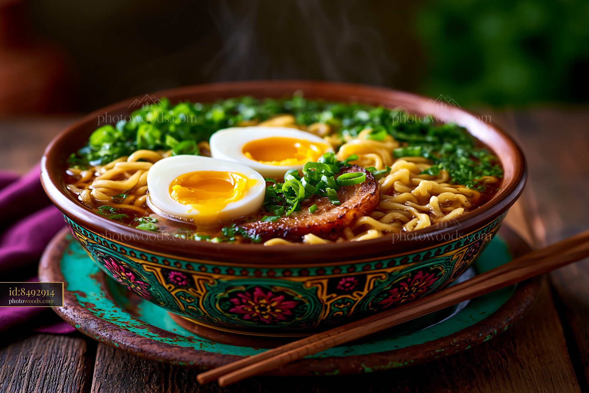 Ramen Bowl With Soft Egg and Chashu Served on Wooden Table