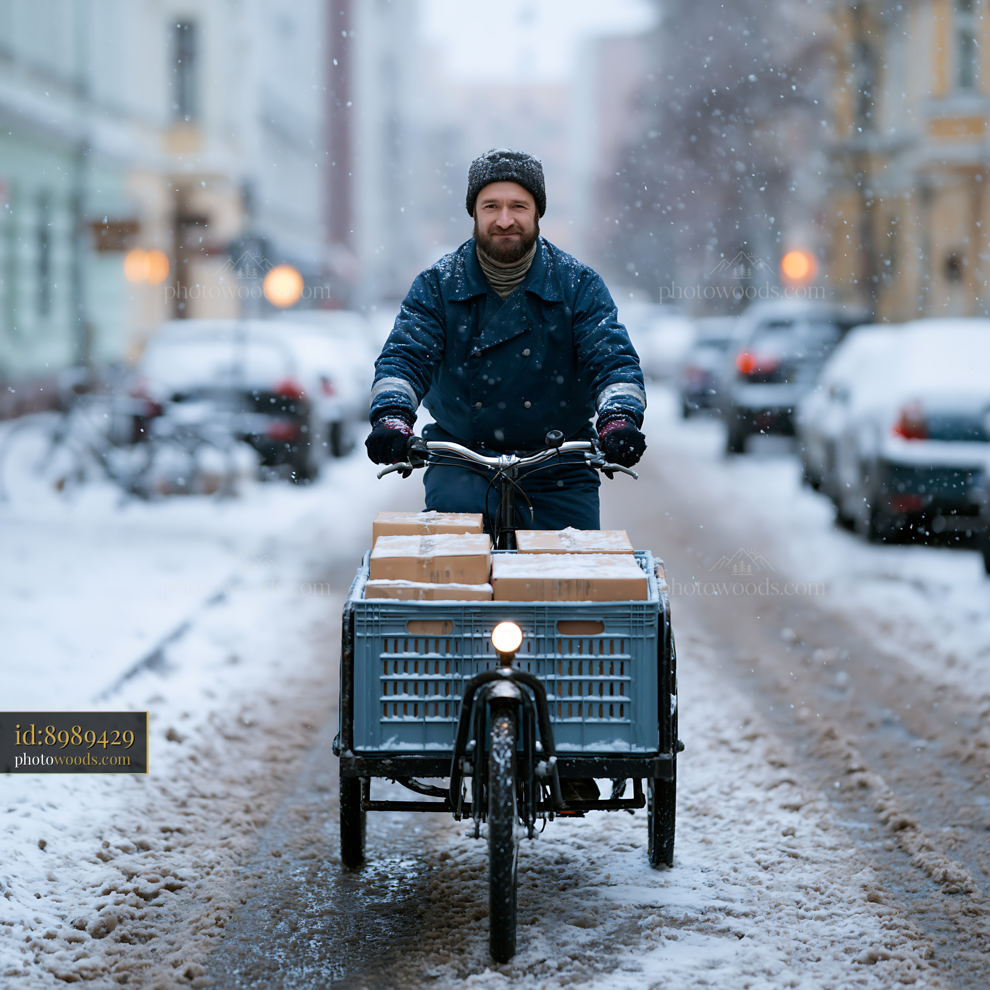 Cargo Bike Courier Delivering Packages in Snowy Winter Street
