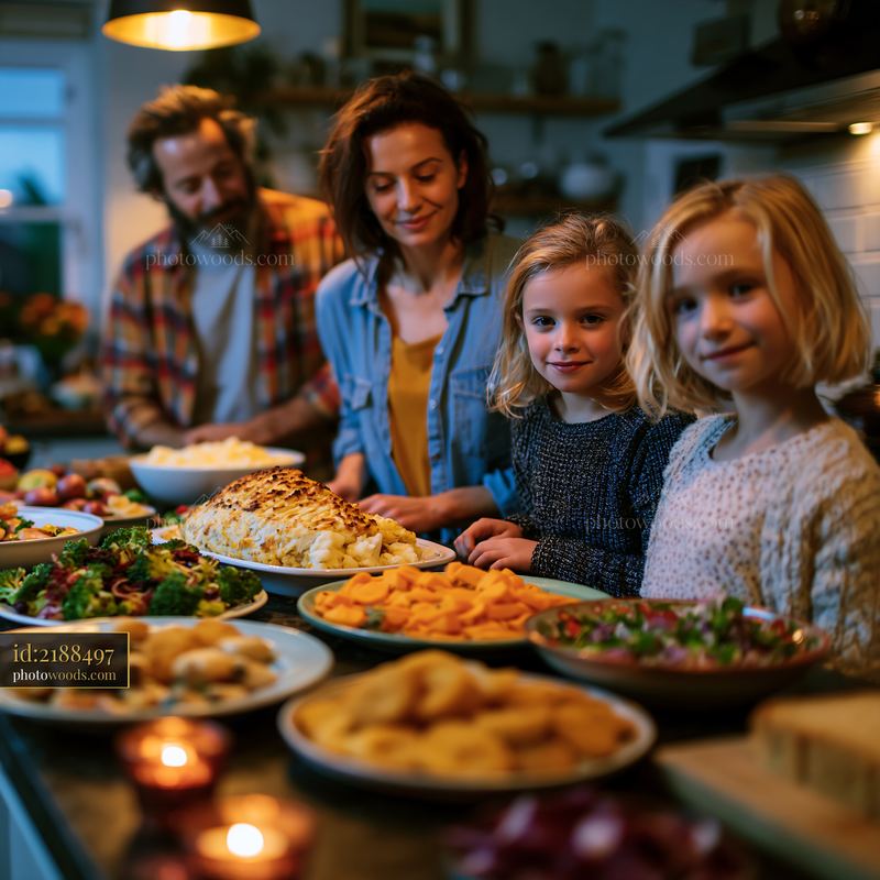 Family Preparing Traditional Festive Food Together in Kitchen
