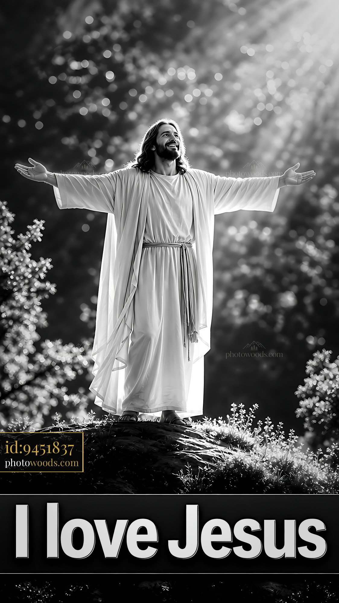 Jesus Stands With Open Arms in a Forest Setting