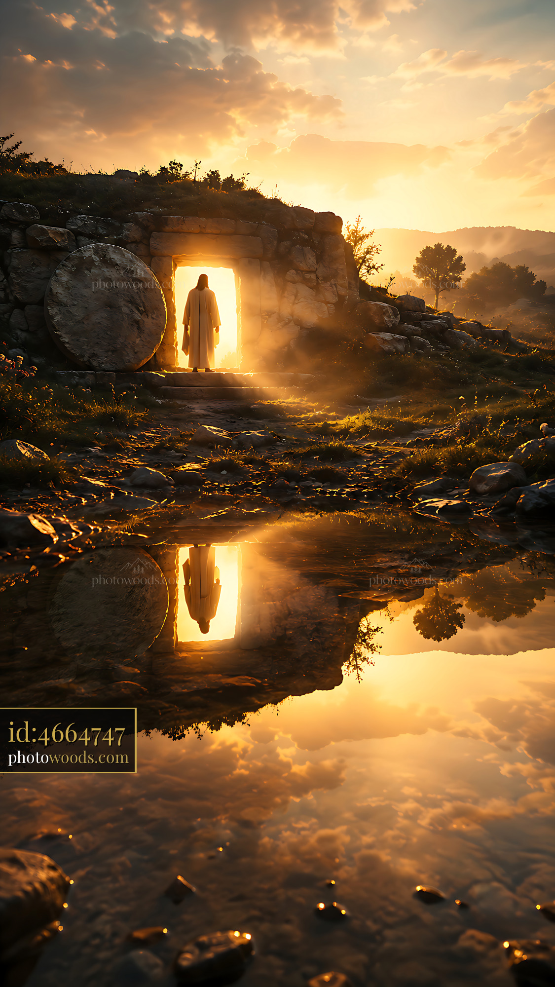 Figure Stands at the Entrance of a Cave During Sunset Glow