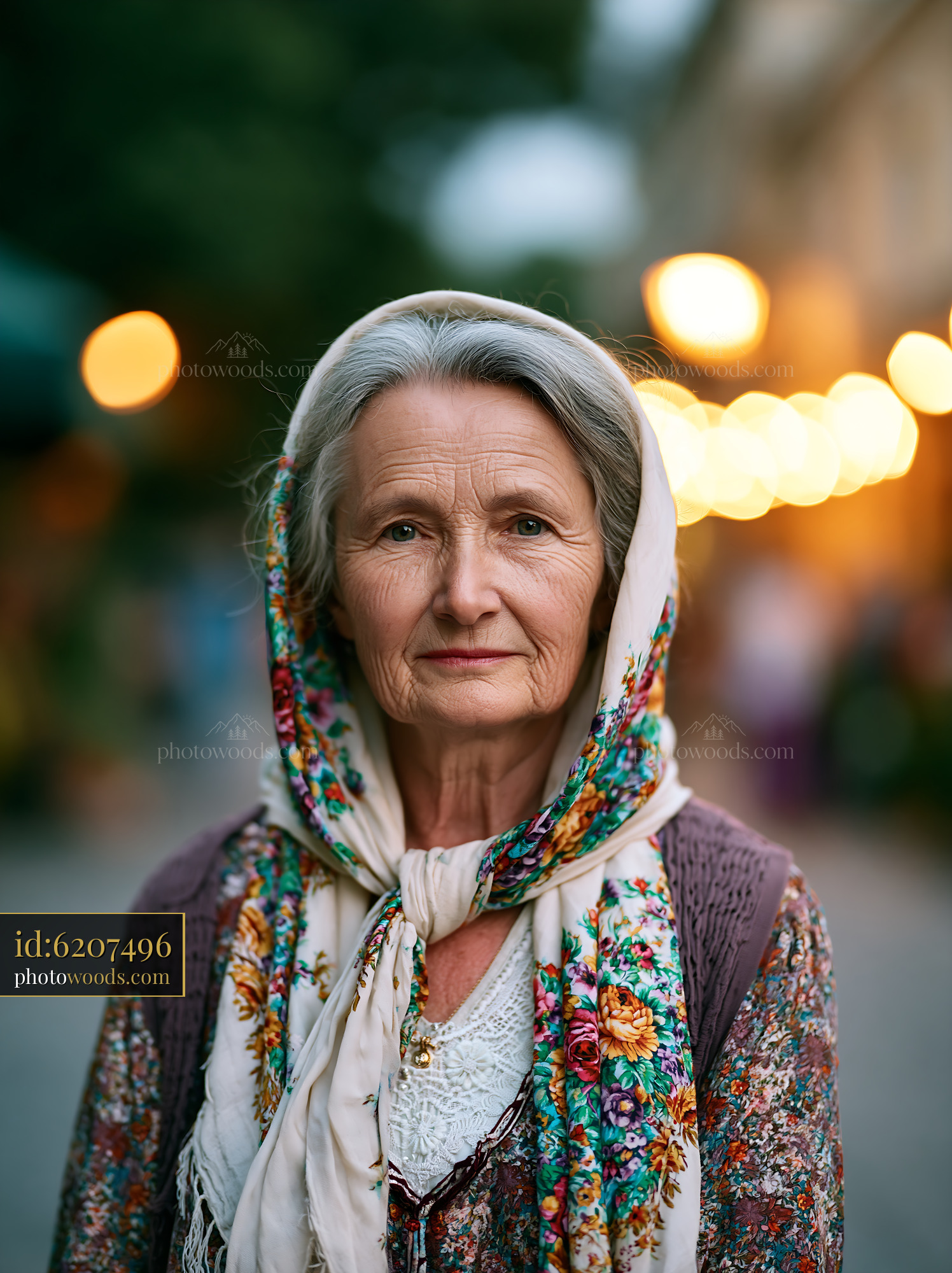 Elderly Woman With a Scarf Standing in a Vibrant Street Market