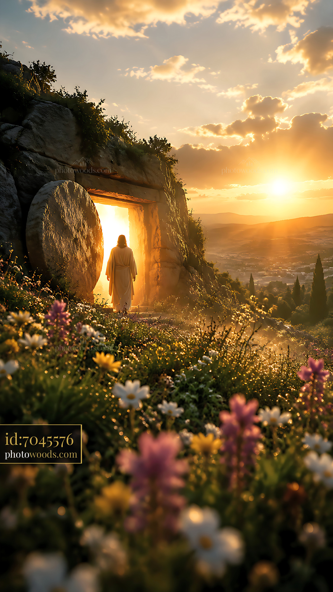 Person Standing at an Open Tomb Door During Sunset in Nature