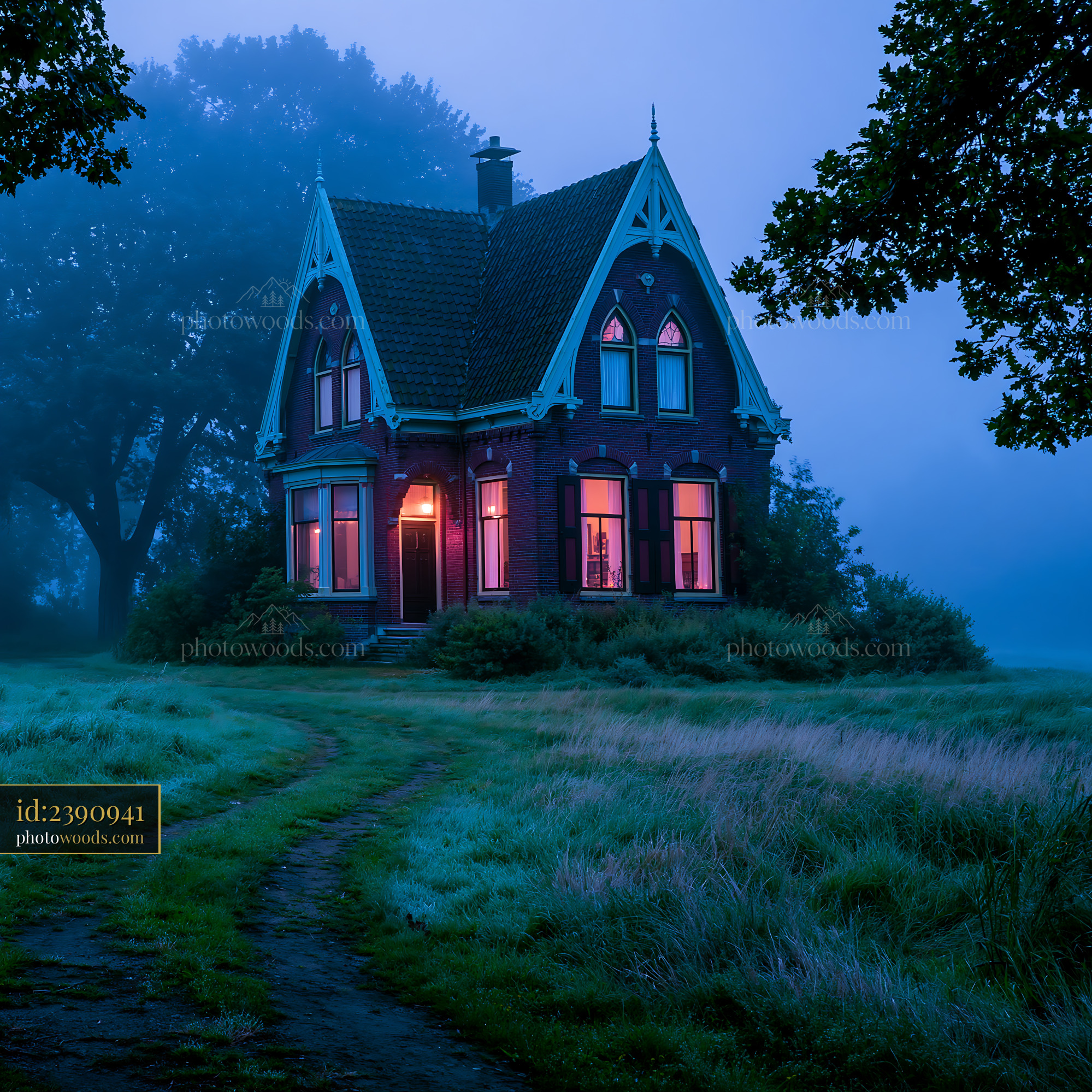 Dutch Brick Country Manor With Steep Gabled Roof in Fog